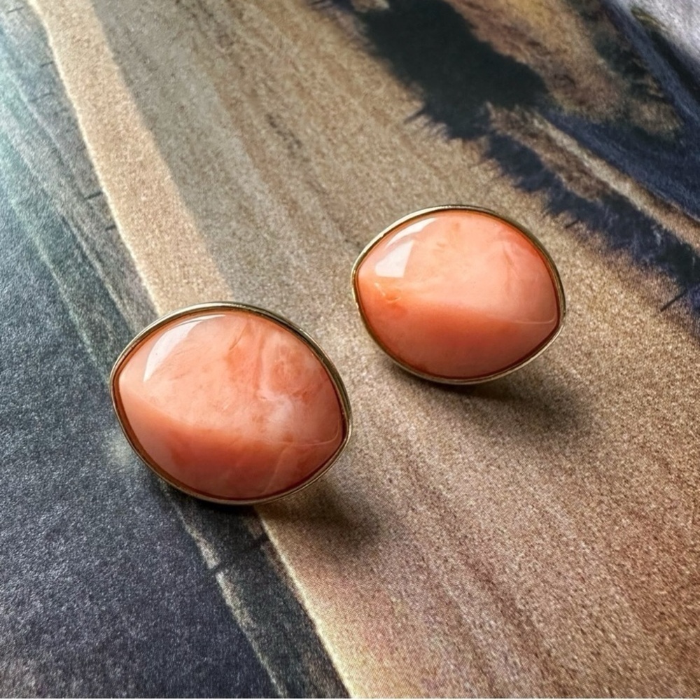 VTG Woman Coral Peach Oval Gold Tone Detail Clip-On Earrings Whimsical Romantic